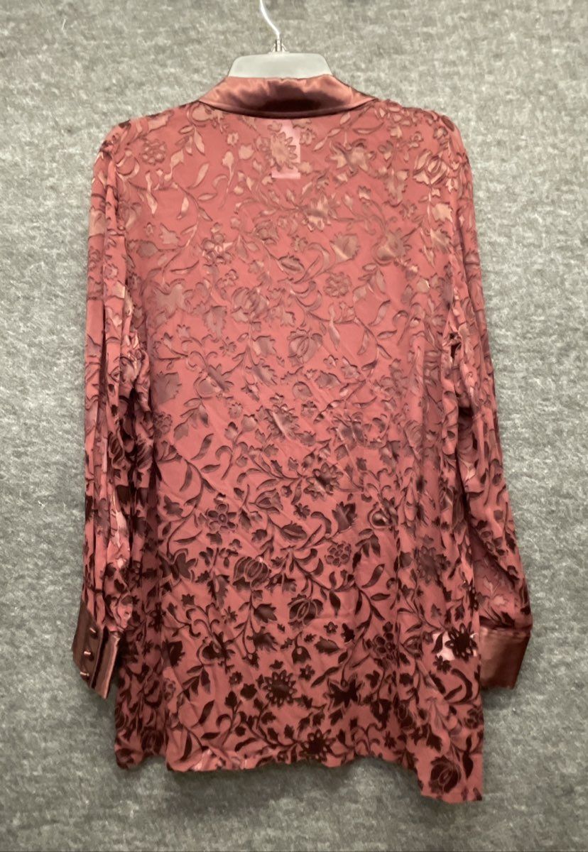 Vintage Y2K Laura Ashley Women's Burgundy Silk Floral Devore Blouse Tunic Sz 12