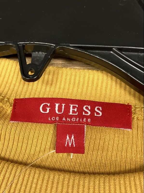 Guess Women's Ribbed Short Sleeve Mini Dress Yellow Logo Trim NWT Sz M