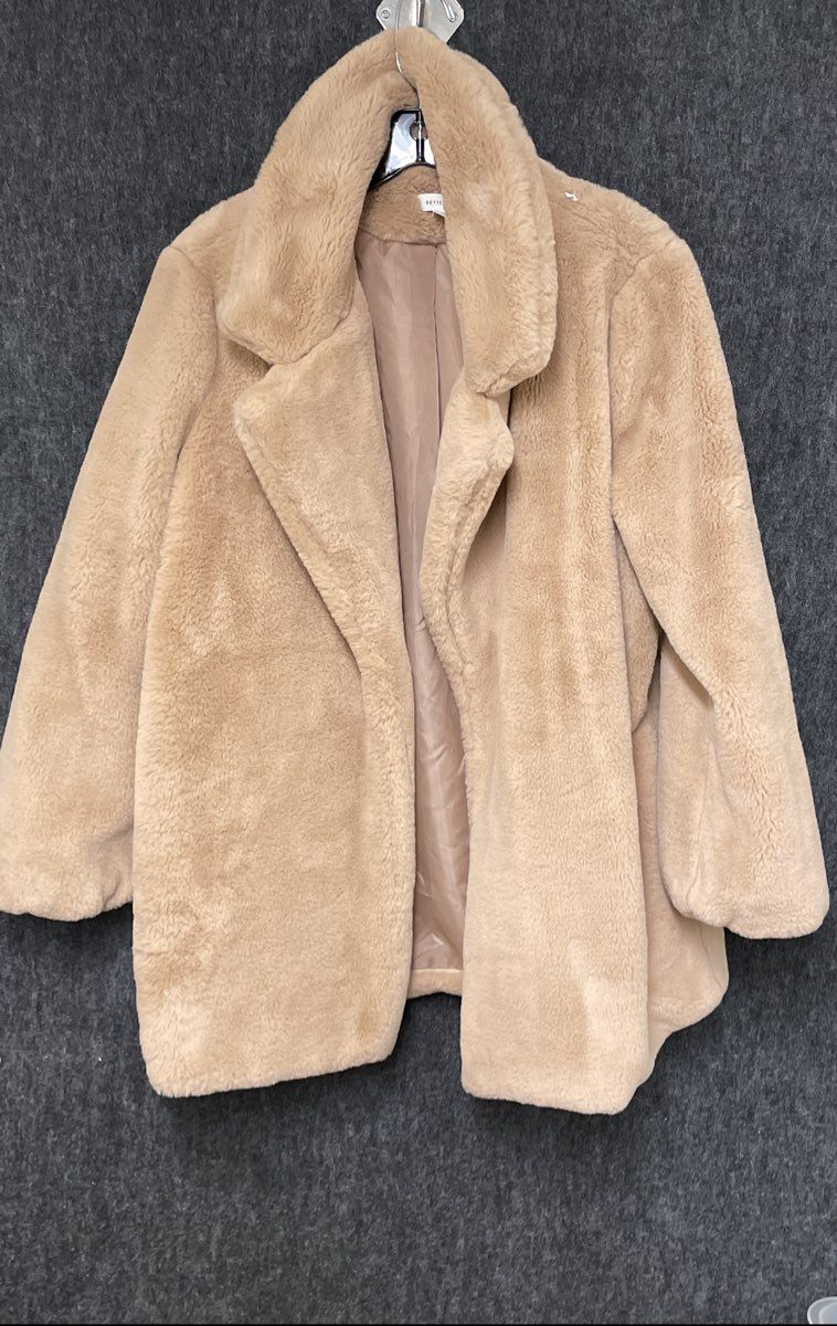 Better Be Women's Tan Beige Mid-Length Faux Fur Open Front Coat Sz M/L