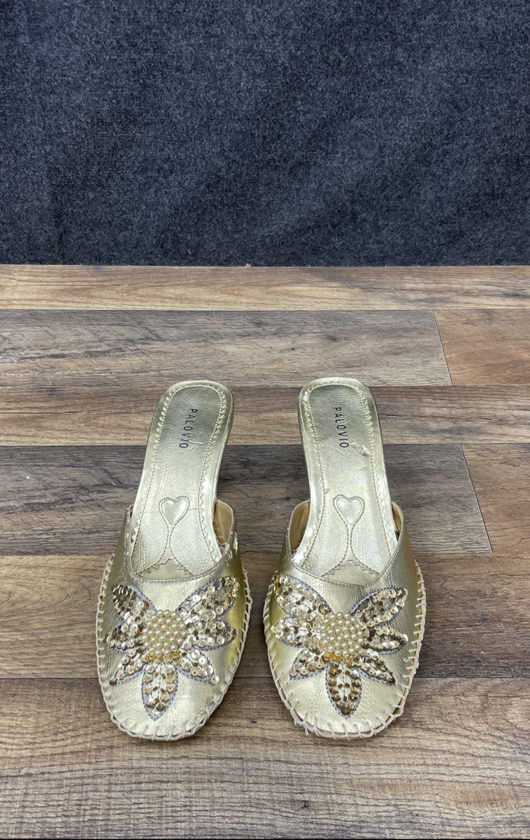 Palovio Metallic Gold Sequin Floral Heeled Mules Women's Size 8.5