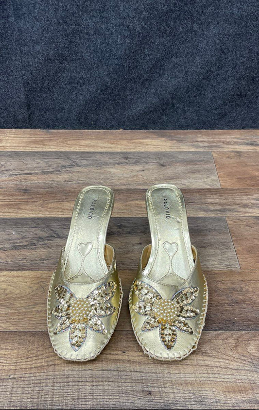 Palovio Metallic Gold Sequin Floral Heeled Mules Women's Size 8.5