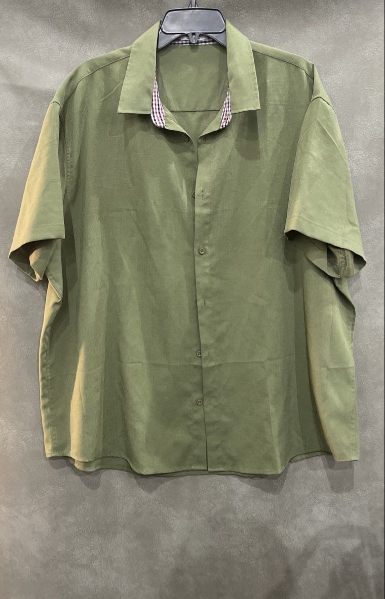 Coofandy Men's Green Short Sleeve Button Up Shirt Plaid Trim Rayon Sz L