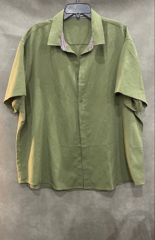 Coofandy Men's Green Short Sleeve Button Up Shirt Plaid Trim Rayon Sz L