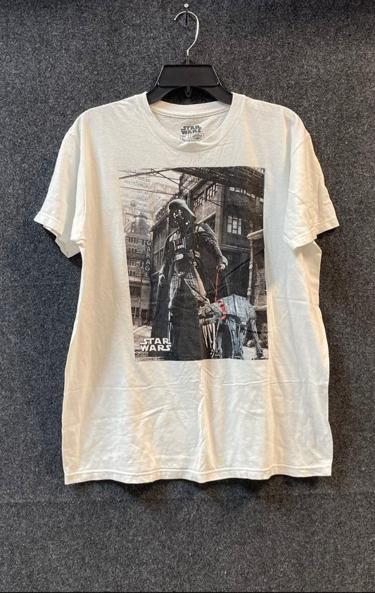 Star Wars Men's White Darth Vader Walking AT-AT Dog Graphic T-Shirt Size L