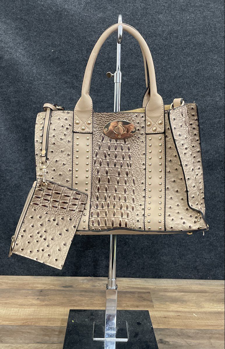 Beige Ostrich Crocodile Embossed Studded Turn-Lock Tote Bag with Pouch