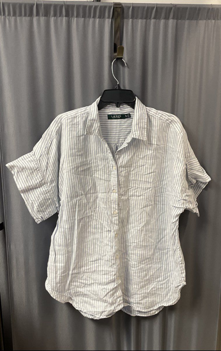 Lauren Ralph Lauren Women's Blue Striped 100% Linen Button Down Shirt Sz XL