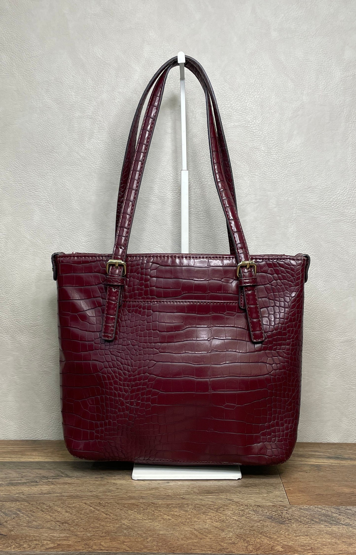 Anne Klein Burgundy Croco Embossed Faux Leather Shoulder Tote Bag Gold Tone