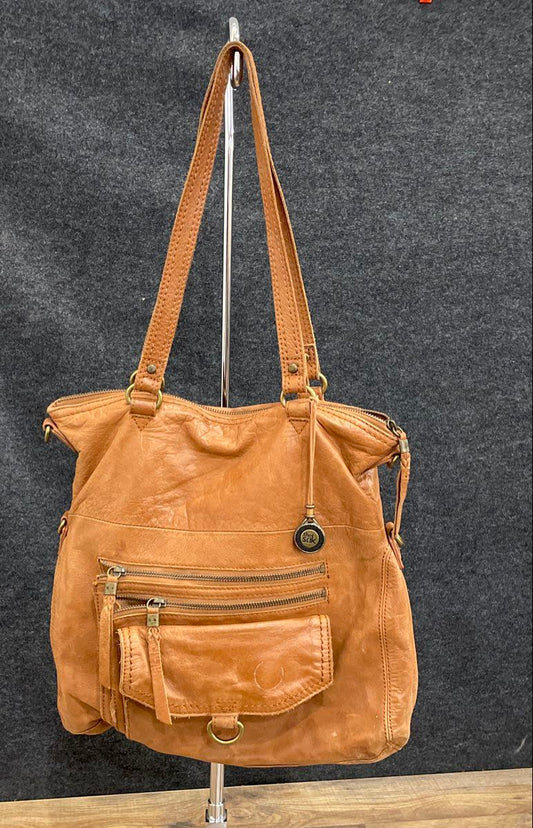 The Sak Brown Leather Tote Shoulder Bag Large Multi-Pocket Hobo Handbag Tan