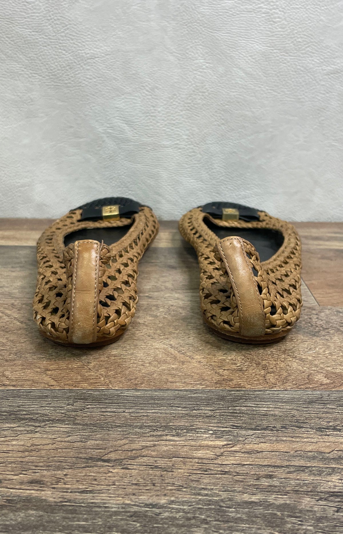 Tory Burch Tan Black Woven Leather Cap Toe Bow Ballet Flats Size 10M