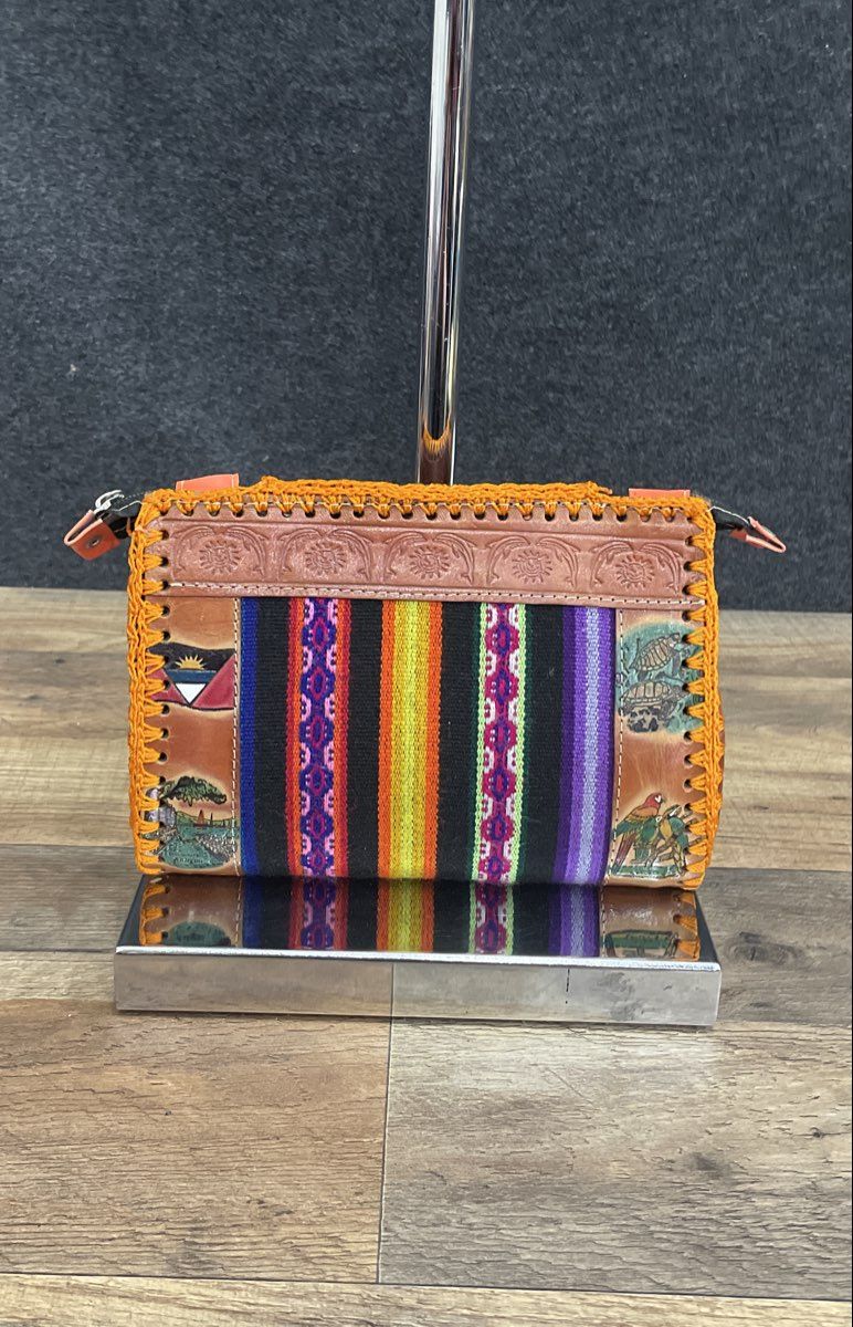Antigua Hand Painted Leather Woven Textile Zip Clutch Bag Orange Multi Vintage