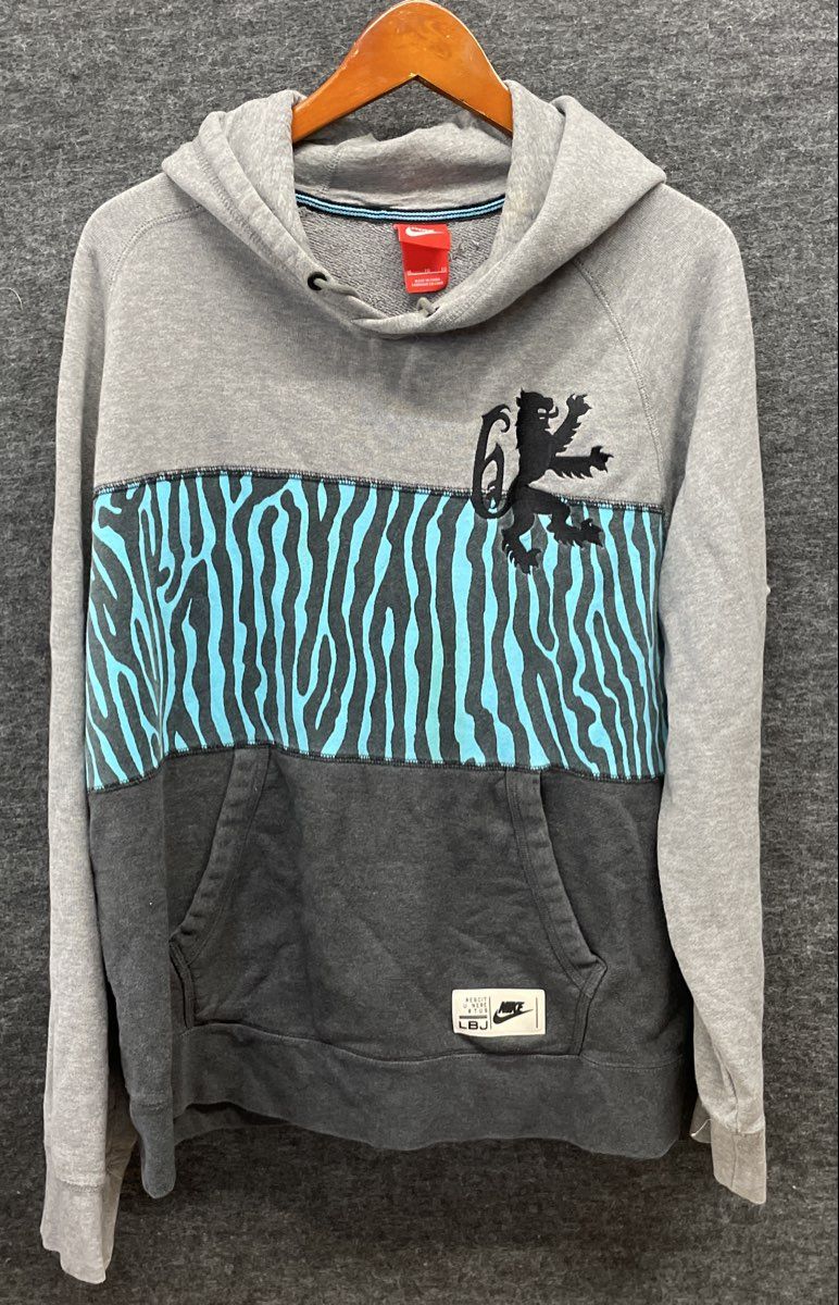 Nike Men's LeBron James LBJ Lion Pullover Hoodie Grey Blue Black Graphic Sz XL