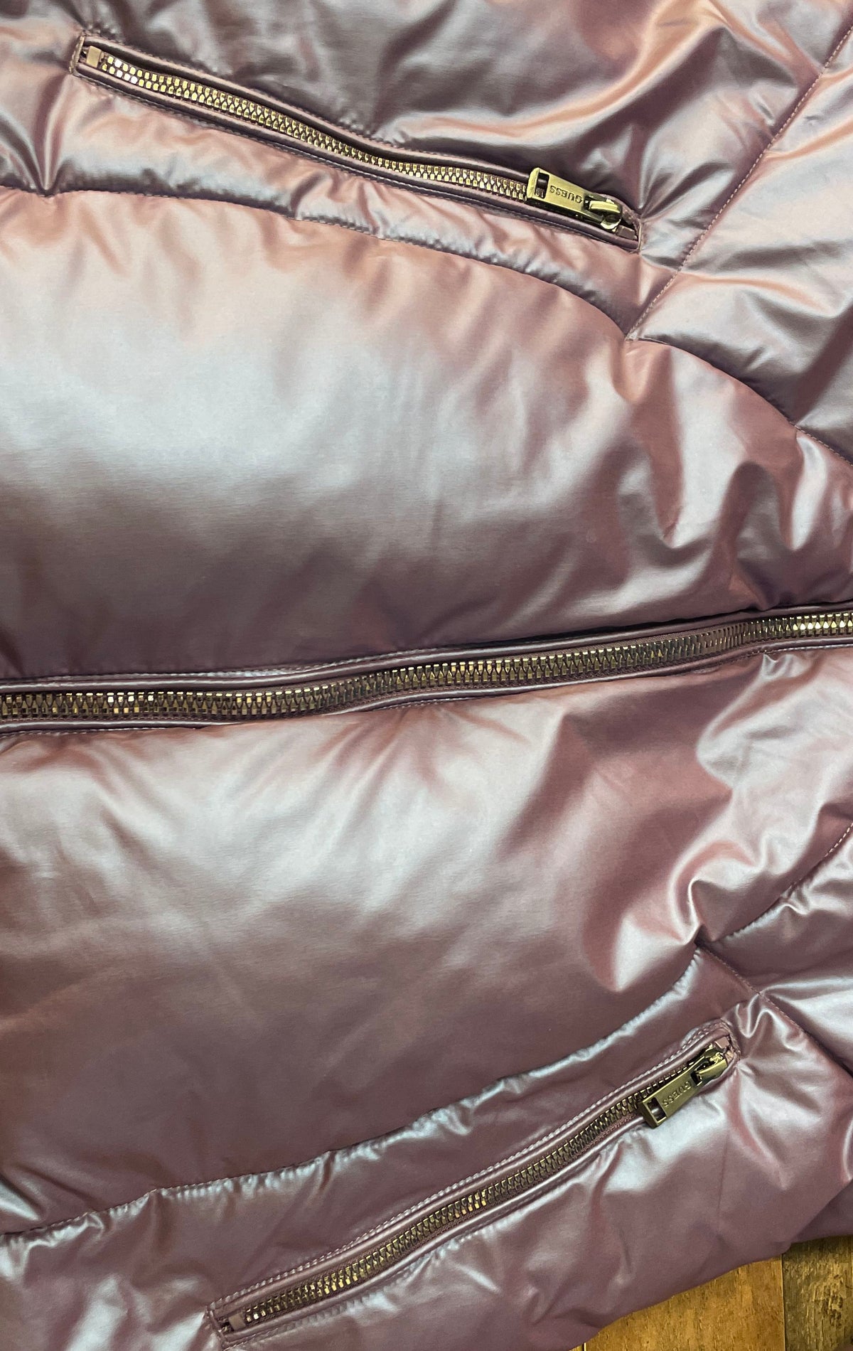 Guess Women's Purple Metallic Quilted Puffer Jacket Hooded Zip Up Sz L