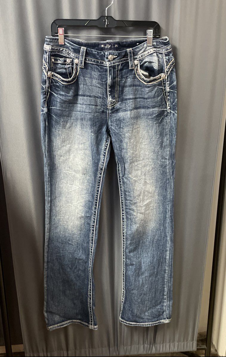 Miss Me Women's Blue Curvy Boot Cut Embellished Flap Pocket Jeans Sz 31x34