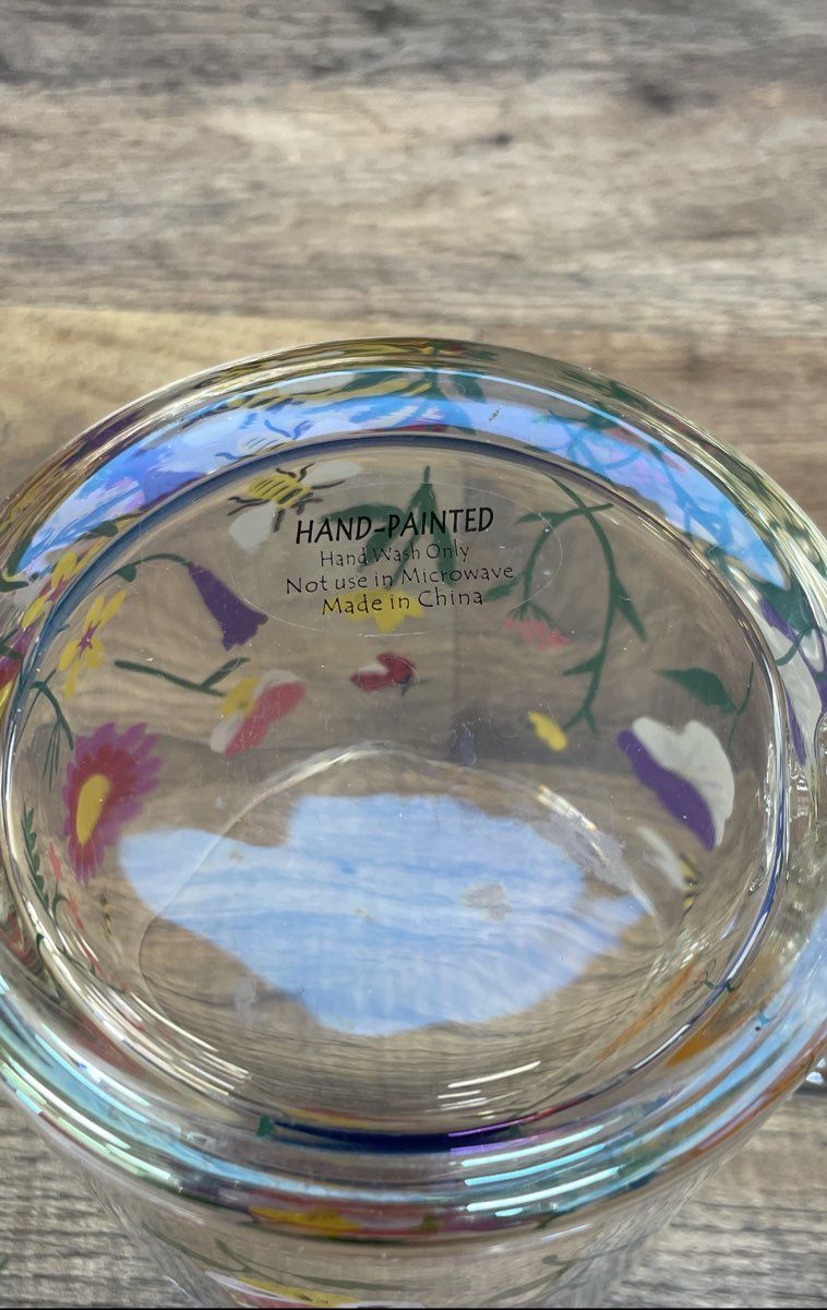 Hand Painted Glass Mug Wildflower Garden Ladybug Bee Floral Clear Coffee Cup