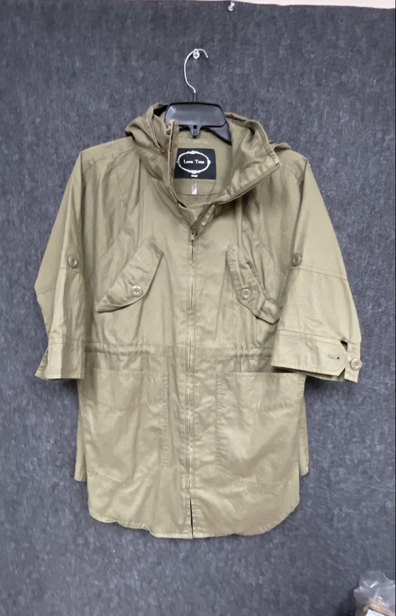 Love Tree Women's Olive Green Utility Anorak Hooded Short Sleeve Jacket Sz S