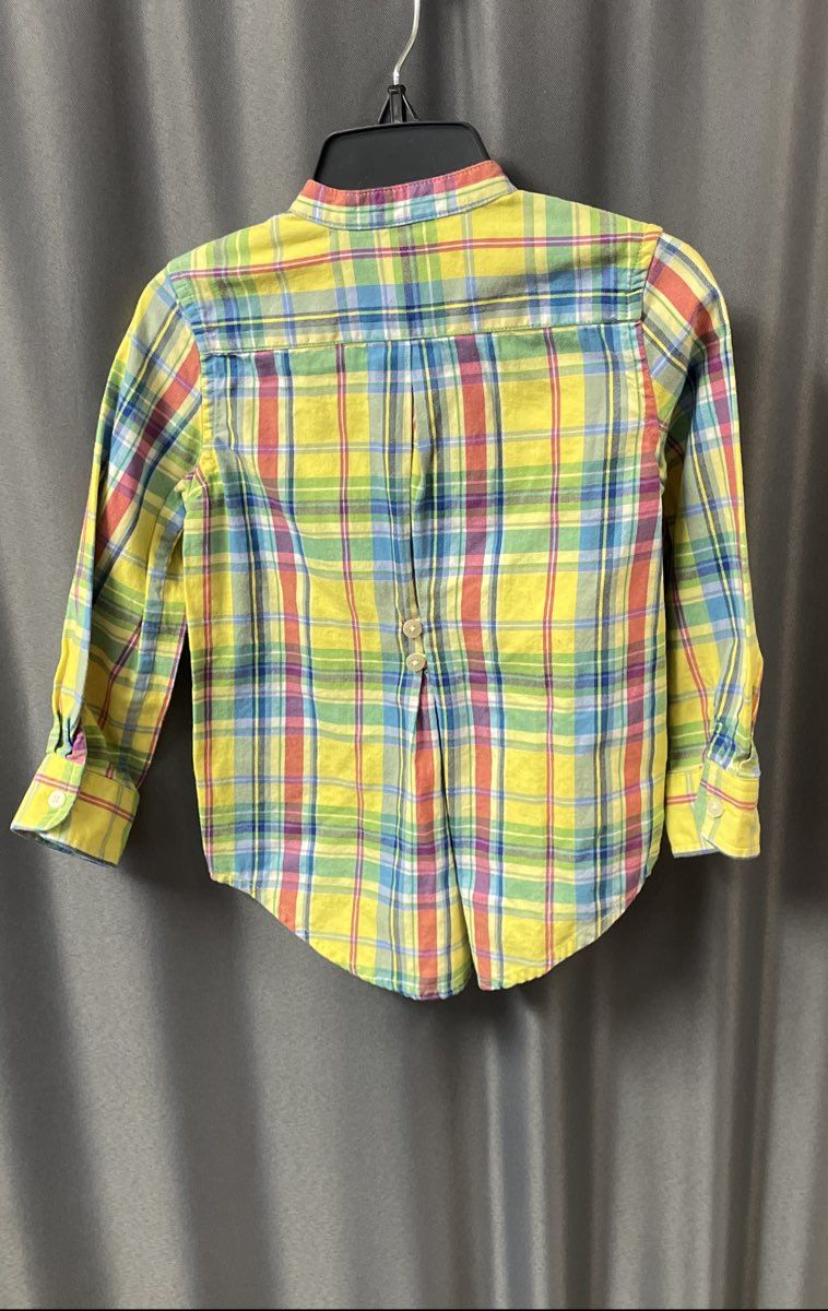 Polo Ralph Lauren Toddler Yellow Multi Plaid Band Collar Pleated Shirt Sz 3T