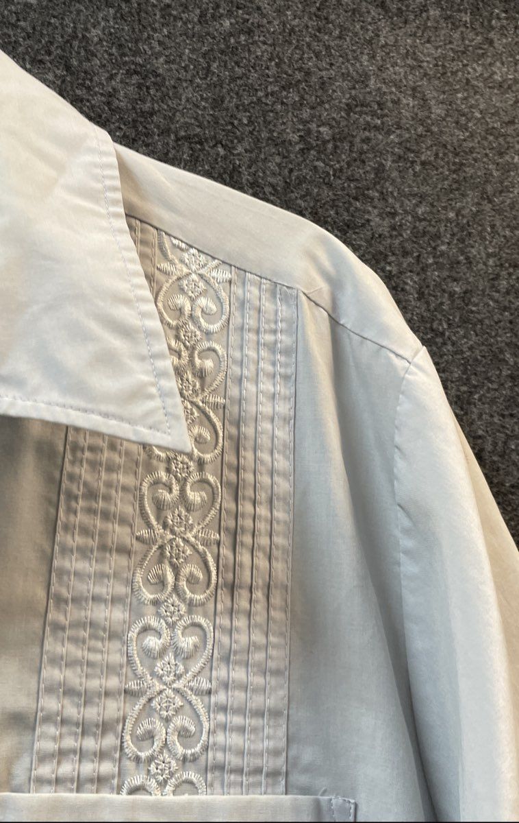 TropiCool Men's Grey Embroidered 4-Pocket Guayabera Short Sleeve Shirt Sz L