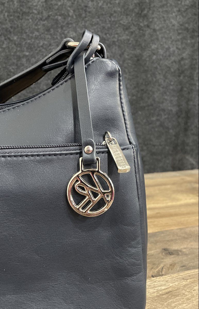 Kim Rogers Navy Blue Leather Shoulder Bag Multi Pocket Silver Hardware
