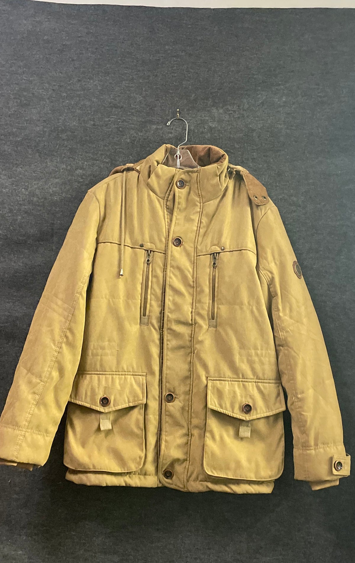 Aptro Men's Tan Hooded Outdoor Fashion Jacket Fleece Lined Multi-Pocket Sz M