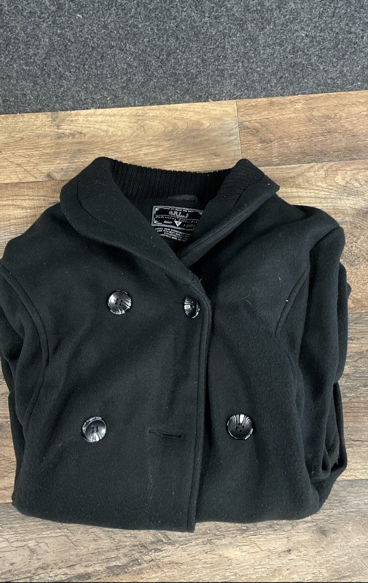 Hollyland Women's Black Double Breasted Pea Coat Jacket Ribbed Shawl Collar Sz G
