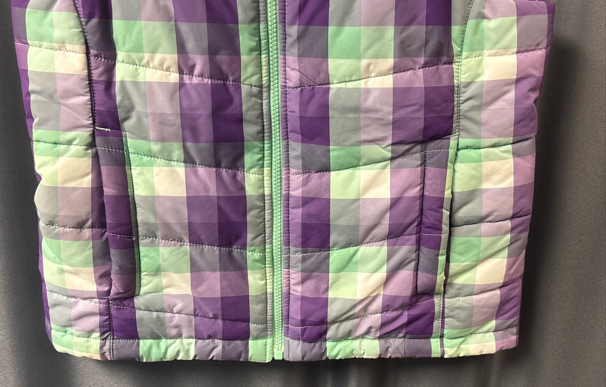 The North Face Girls Purple Green Plaid Insulated Puffer Vest Sz M 10/12