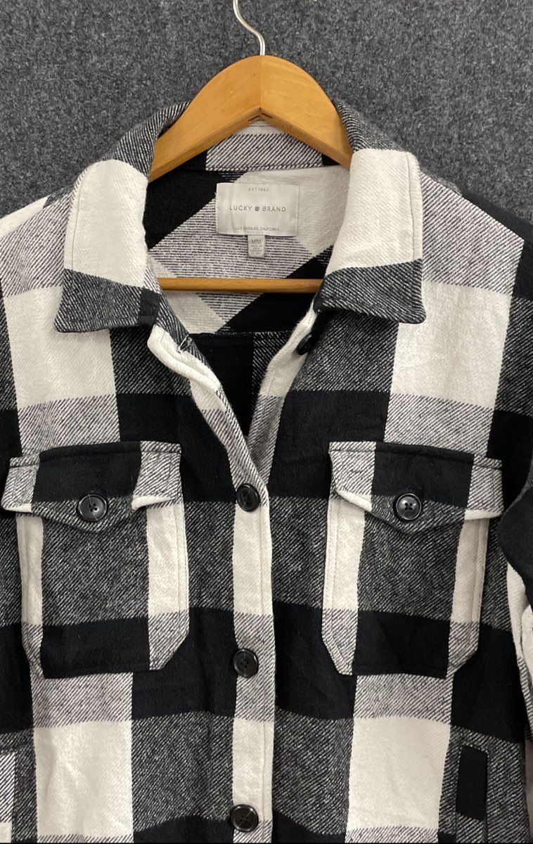 Lucky Brand Women's Black White Buffalo Plaid Flannel Shacket Shirt Jacket Sz M