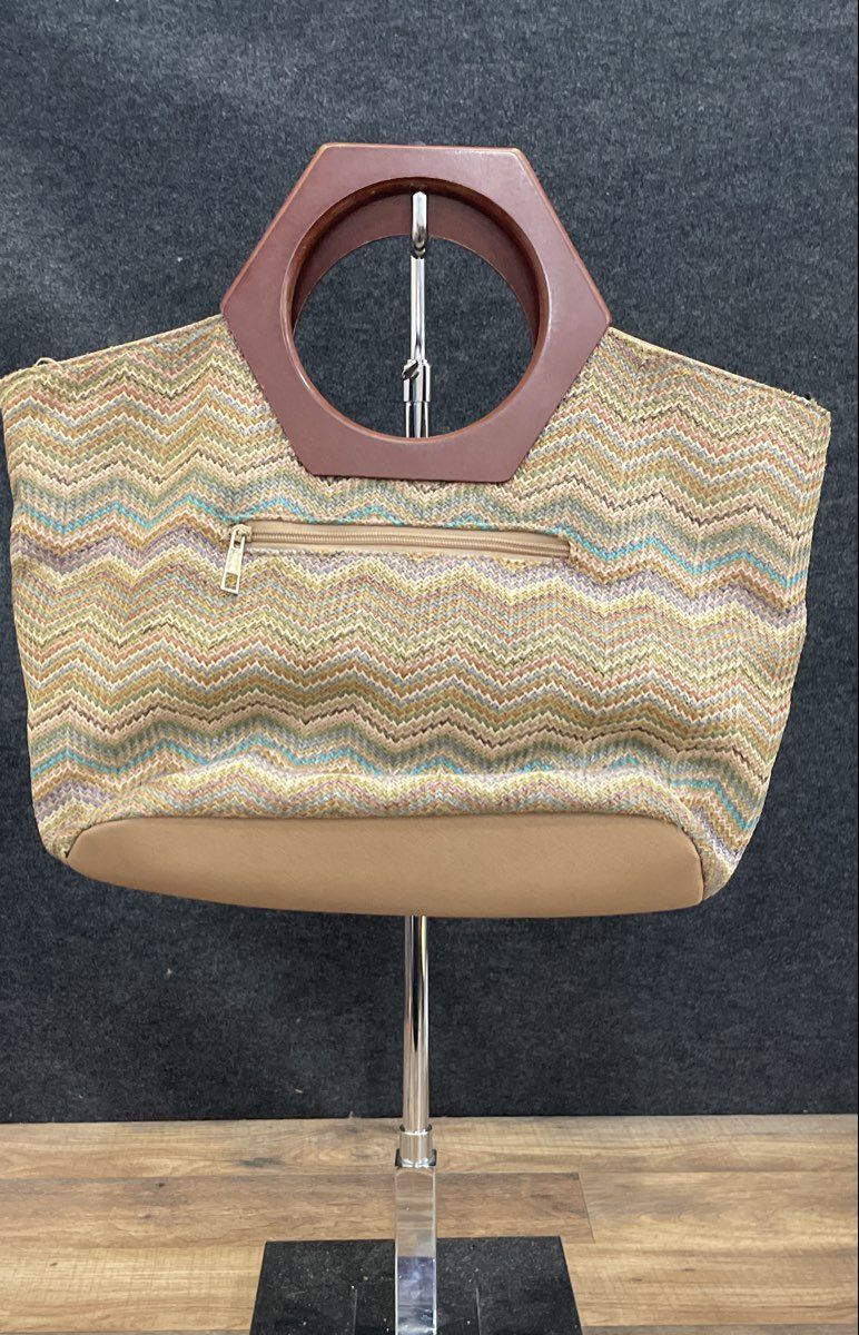 Multicolor Chevron Knit Tote Handbag Hexagon Wood Handles Modern Large