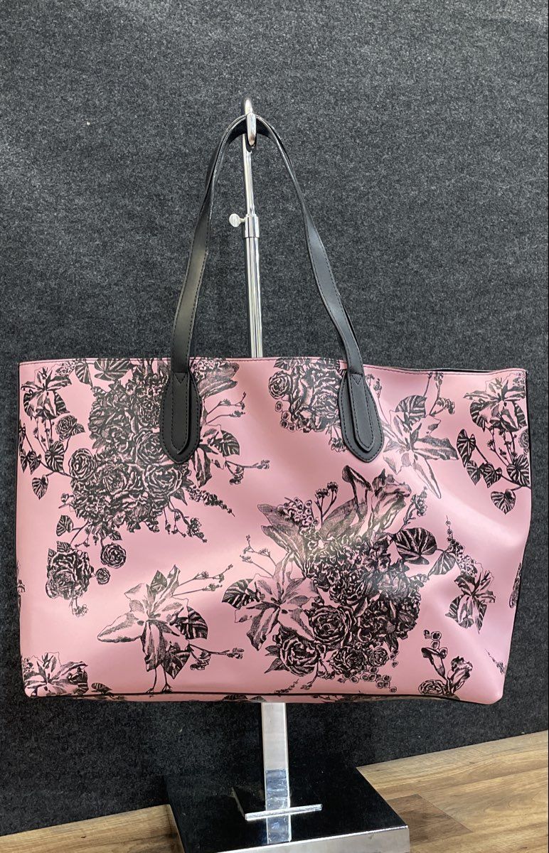 Victoria's Secret Pink & Black Floral Leather Large Tote Bag Handbag