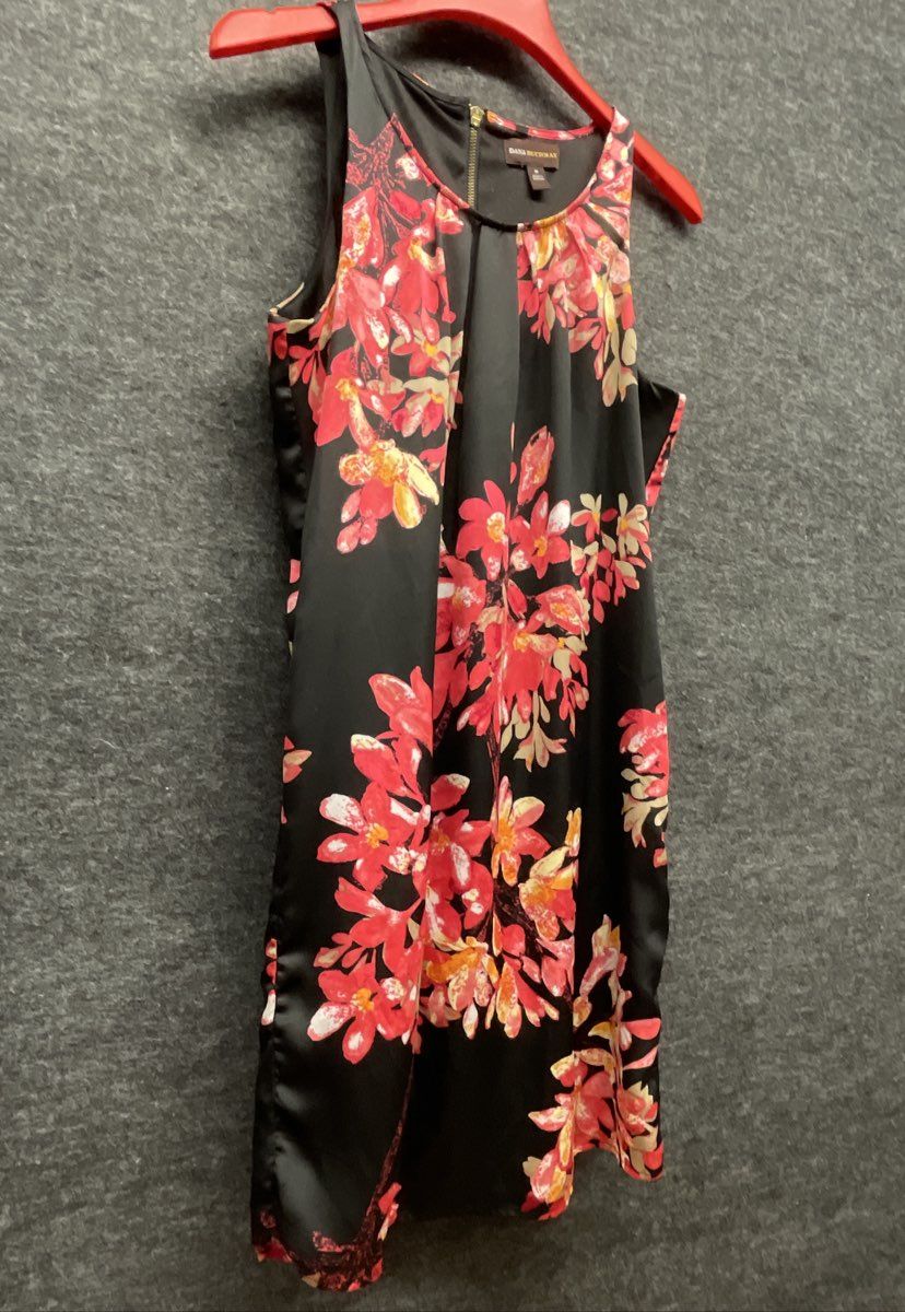 Dana Buchman Women's Black Red Floral Sleeveless Satin Shift Dress Size M