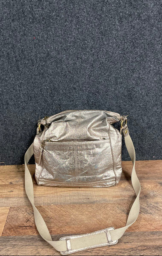The Sak Metallic Champagne Gold Leather Crossbody Bag Zipper Pockets Large