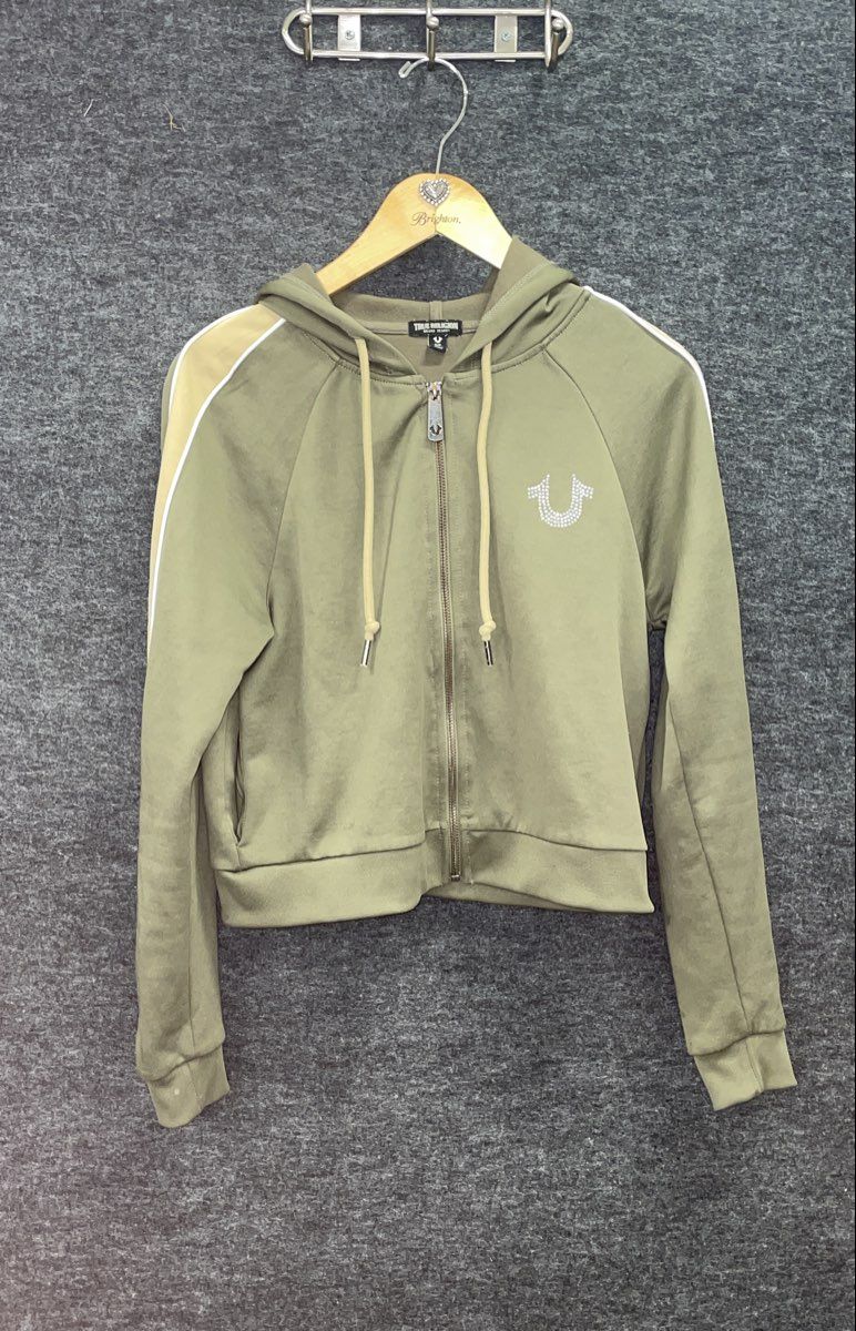 True Religion Women's Olive Green Rhinestone Cropped Full Zip Hoodie Sz S
