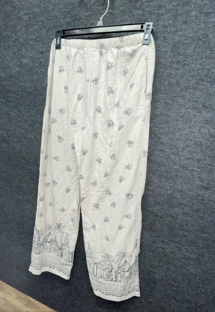 Coldwater Creek Women's Cream Tropical Pineapple Beach Print Linen Blend Pants M