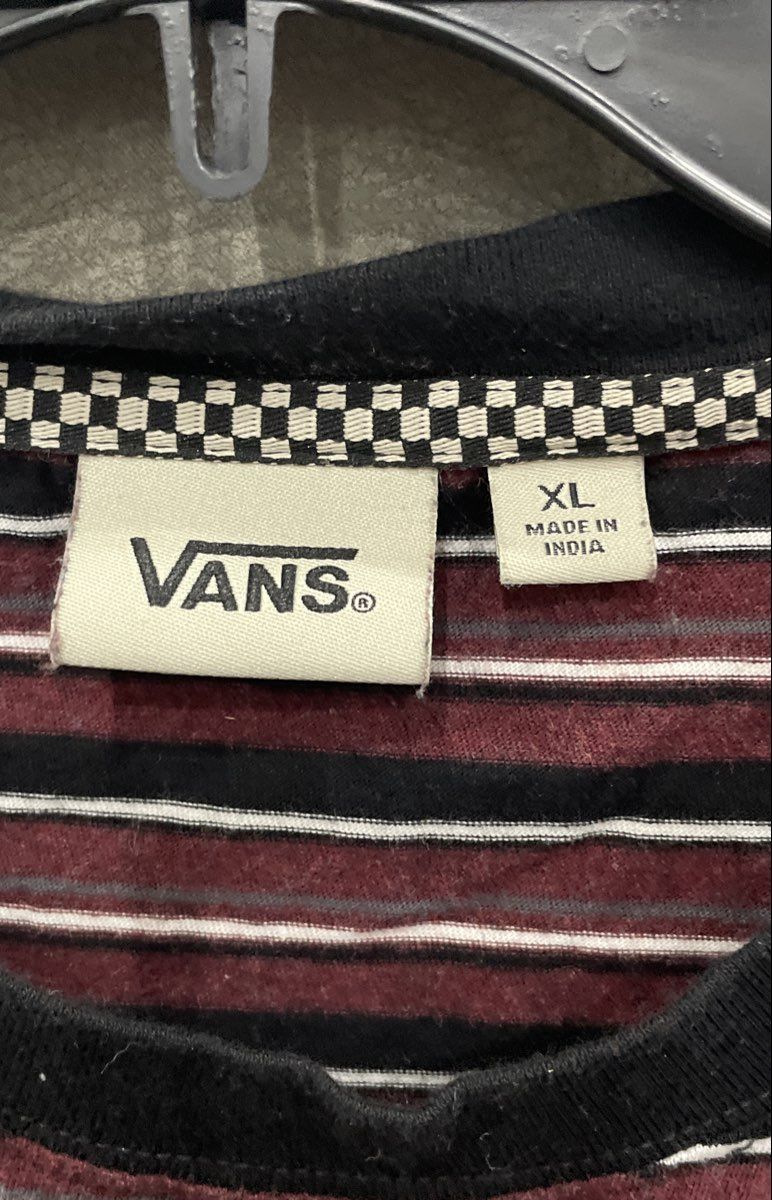 Vans Men's Long Sleeve T-Shirt Maroon Black Striped Embroidered Logo Cotton XL
