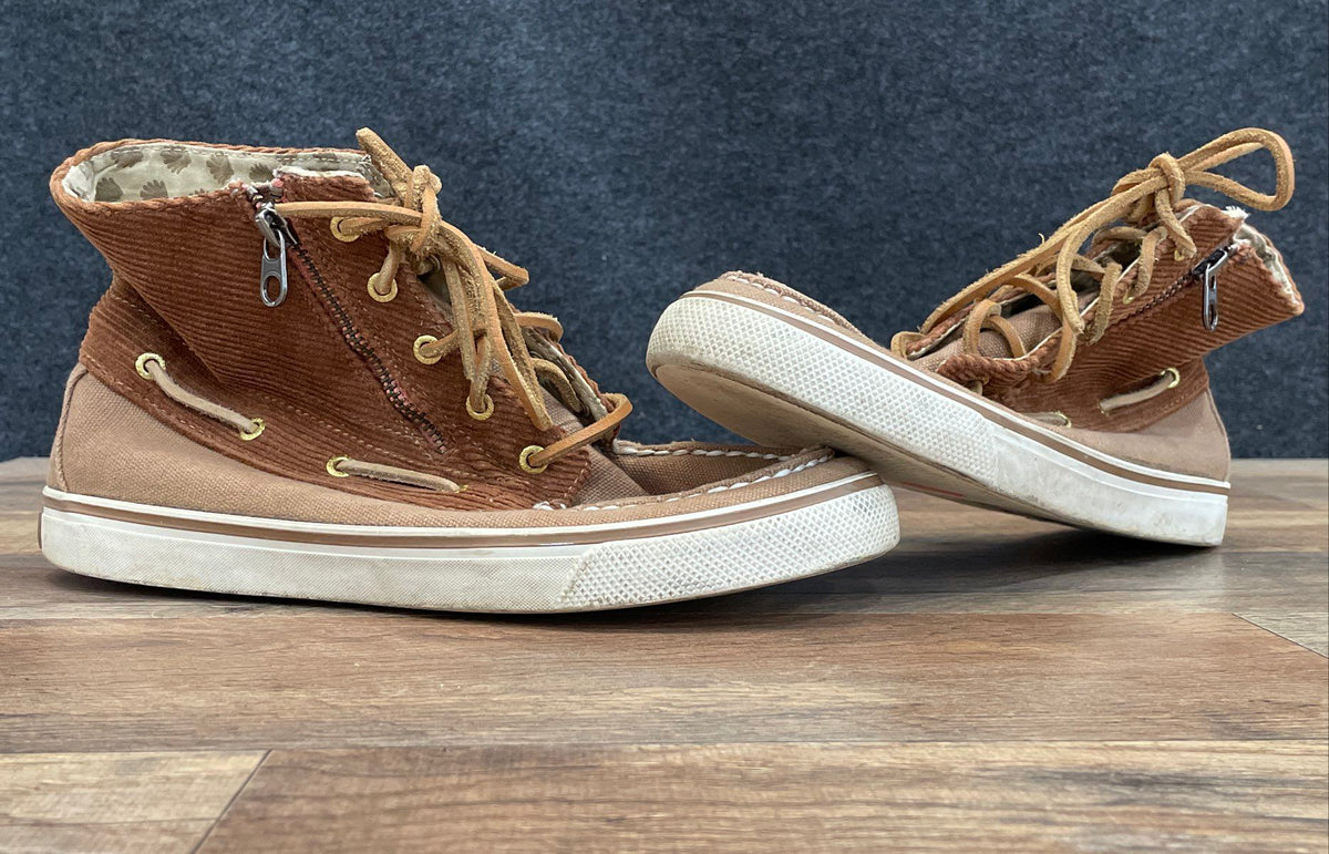 Sperry Top-Sider Brown Corduroy Canvas High Top Side Zip Boat Shoes Size 7.5 M