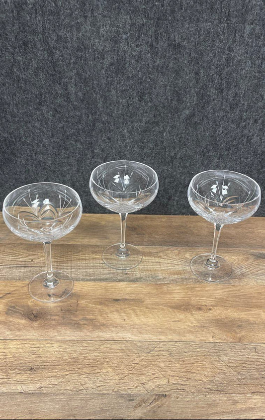 Vintage Floral Crystal Champagne Glass Set of 3
