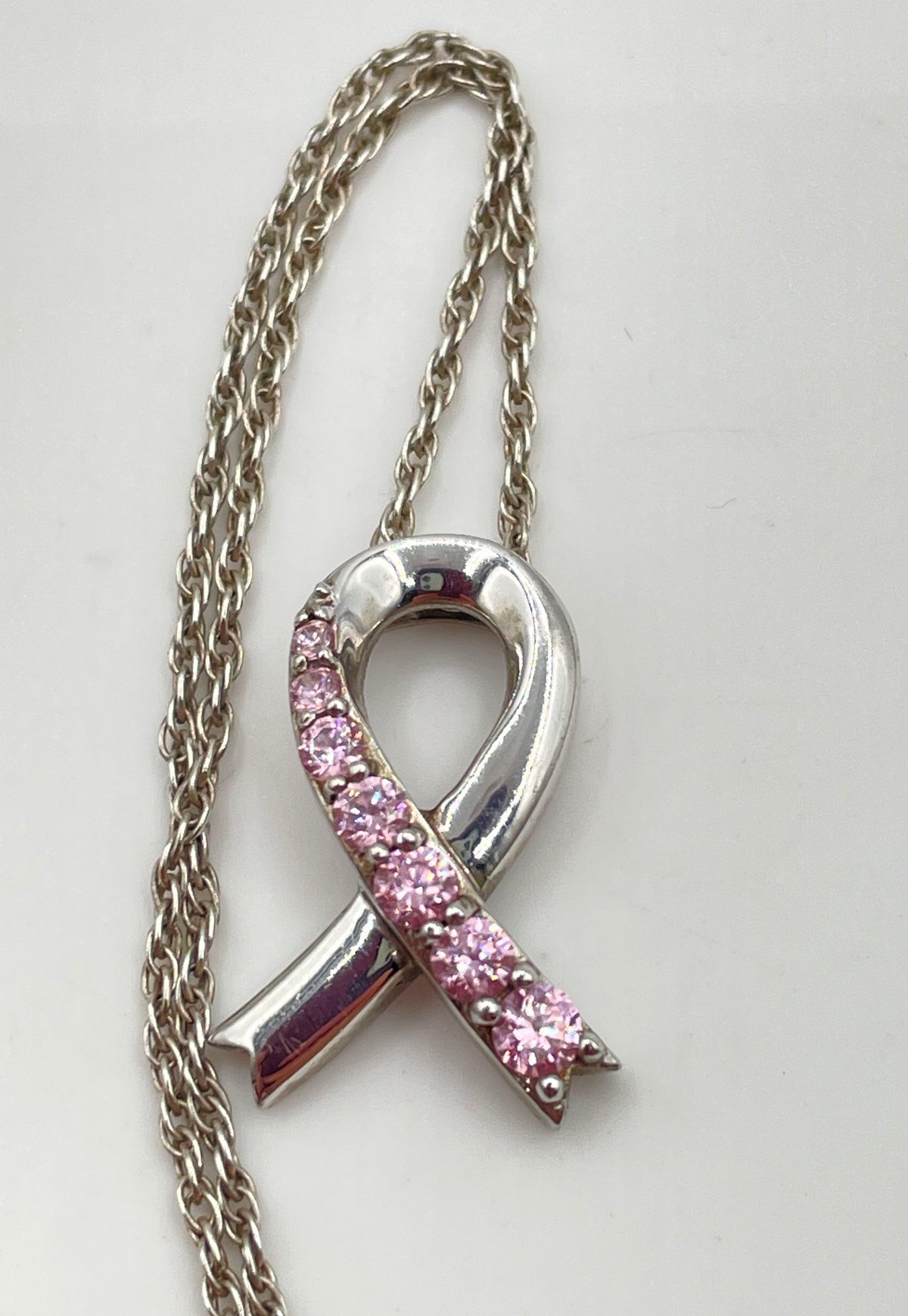 925 Sterling Silver Pink CZ Breast Cancer Awareness Ribbon Pendant Necklace 3.4g