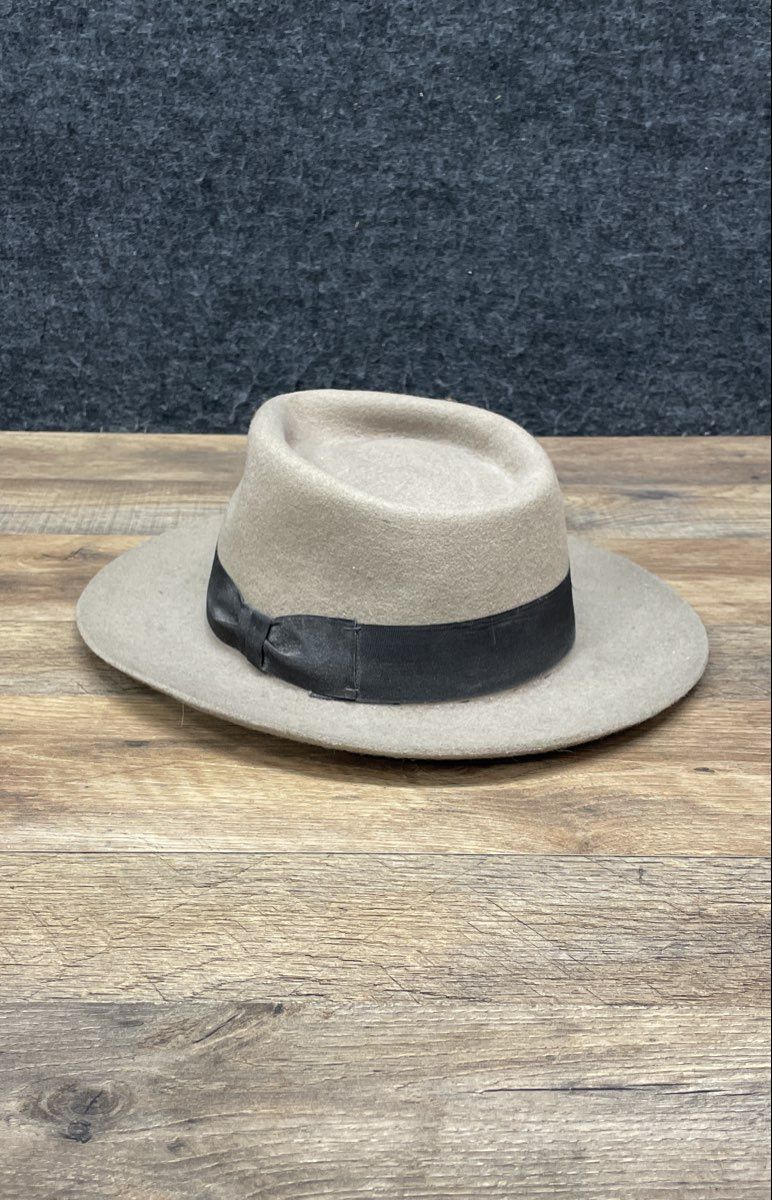 Unisex Fedora Hat Beige Tan Wide Brim Felt Black Grosgrain Ribbon Band