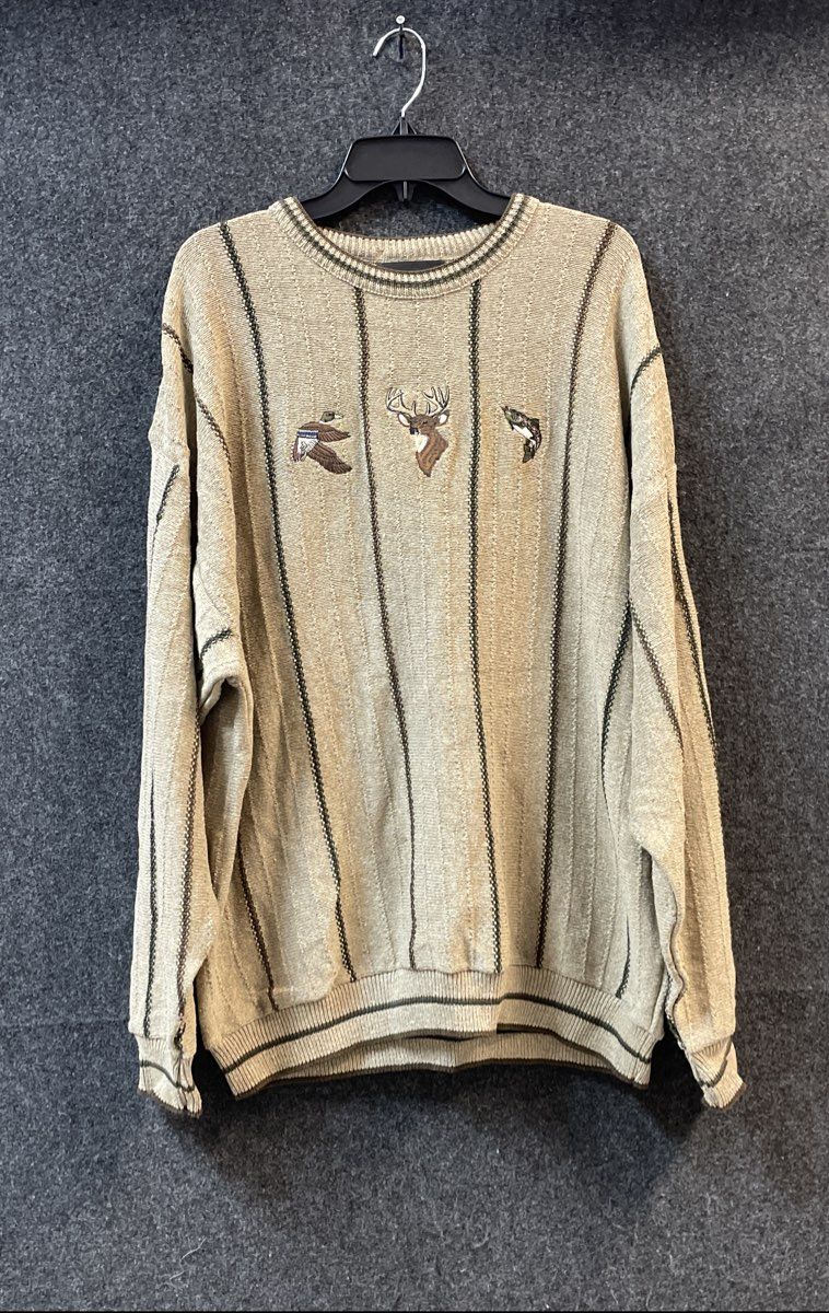 Vintage 90s Croft & Barrow Men's Tan Wildlife Embroidered Striped Sweater Sz XXL