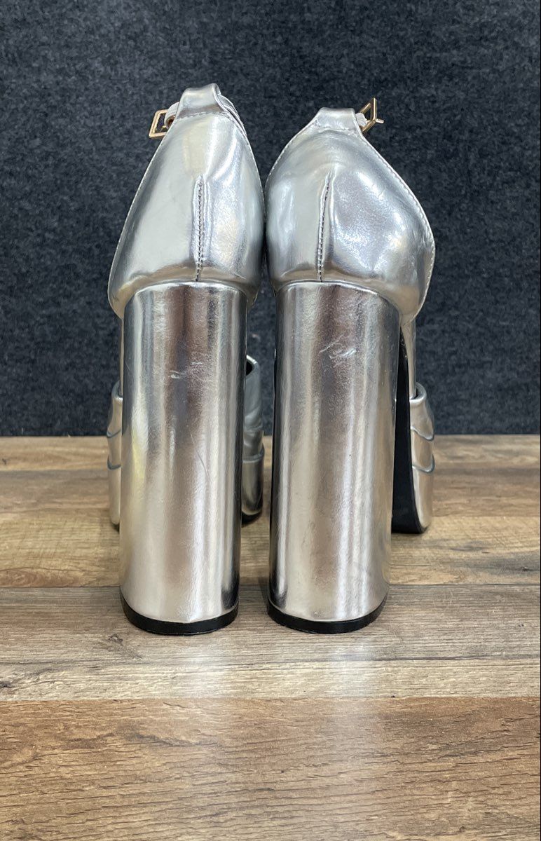 Ego So Scandalous Silver Metallic Double Platform Block Heel Sandals Size UK 7