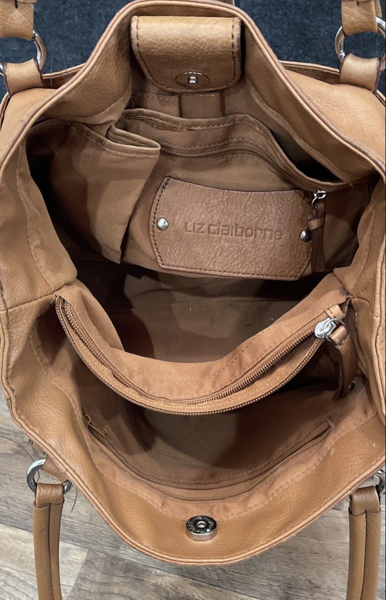 Liz Claiborne Tan Pebbled Leather Satchel Tote Bag Large Turn Lock Brown