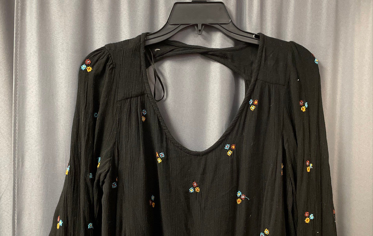 Free People Women's Black Oxford Embroidered Mini Dress Boho Peasant Sz M