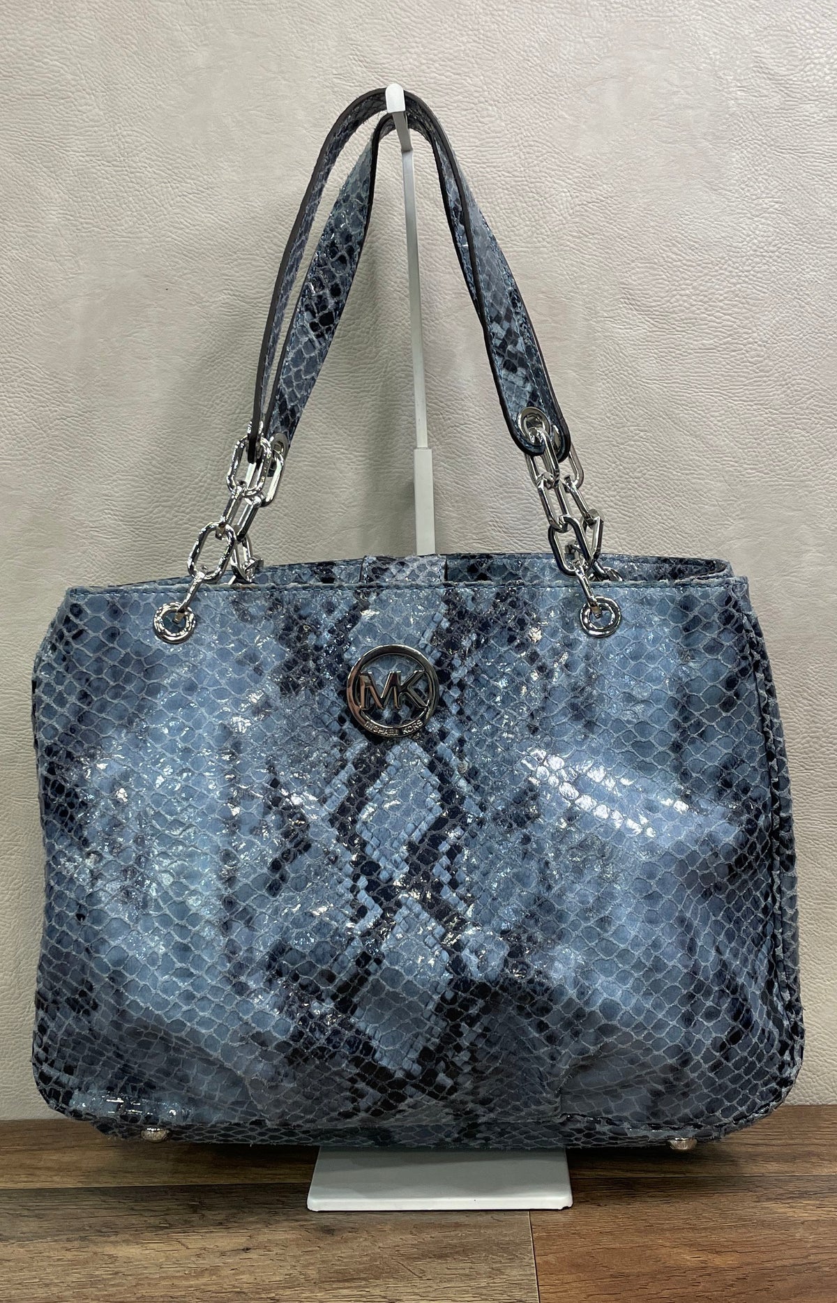 Michael Kors Blue Grey Snakeskin Embossed Leather Tote Shoulder Bag Silver