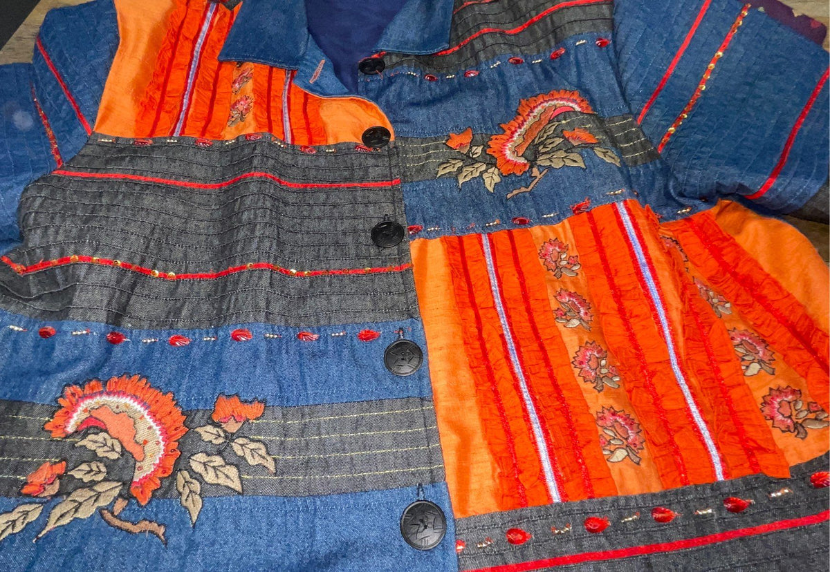 Coldwater Creek Women's Patchwork Jacket Multicolor Floral Silk Embroidered 1X