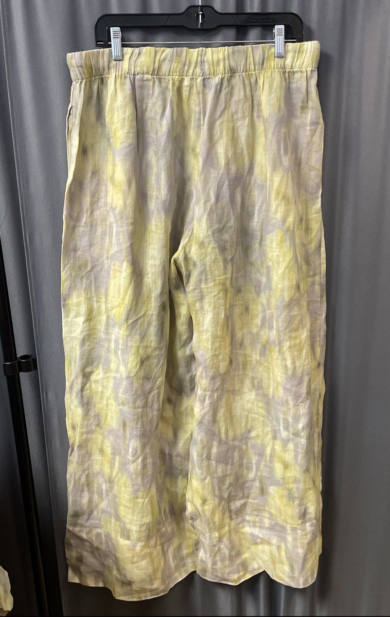 Zara Women's 2-Piece Set Yellow Gray Watercolor Shirt Wide Leg Pants Sz XL
