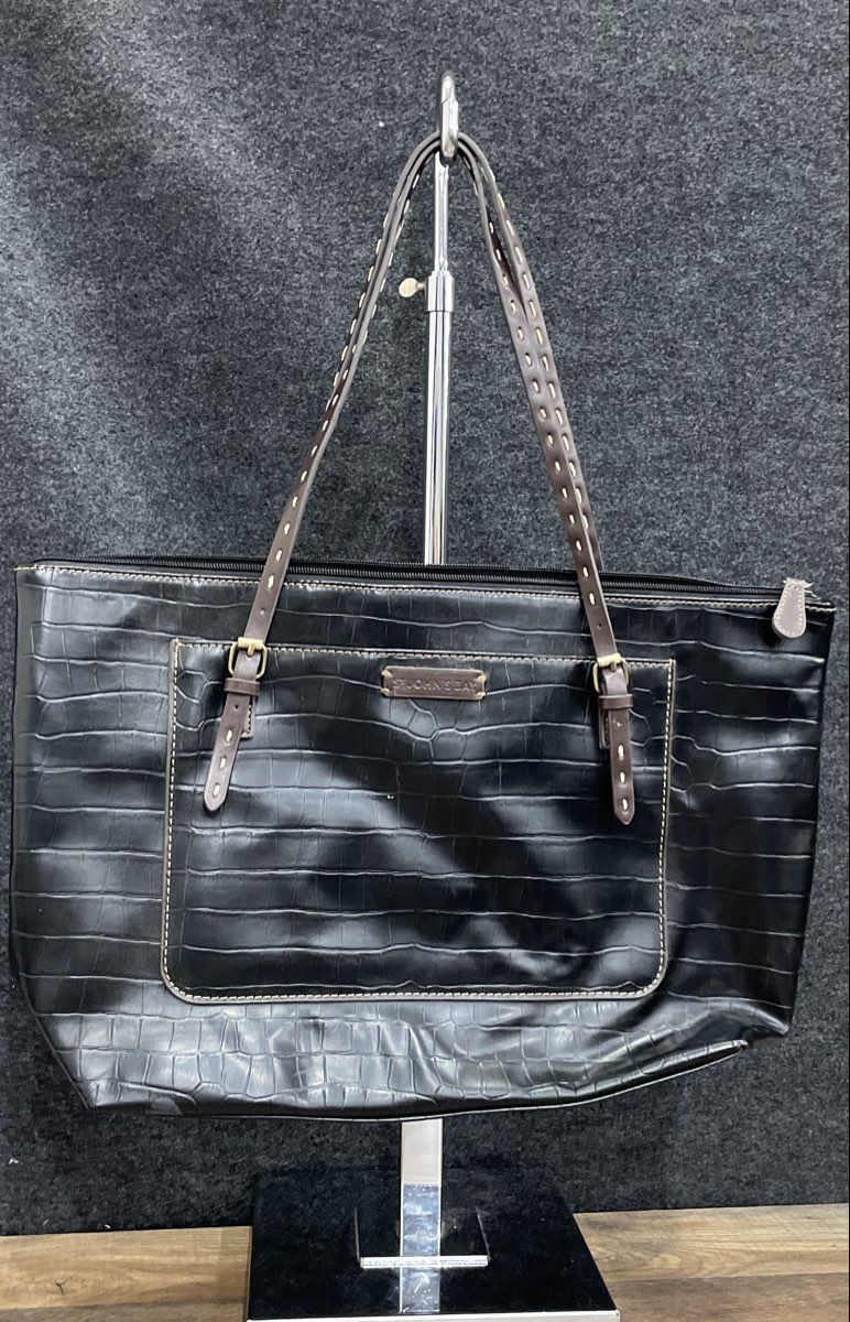 St. Johns Bay Black Croc Embossed Leather Tote Bag Large Shoulder Bag