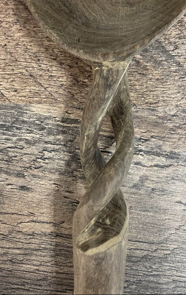 Vintage Hand Carved Wood & Bone Handle Twisted Slotted Salad Spoon Folk Art