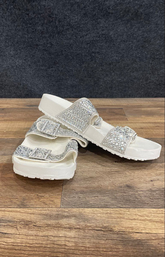 Madden NYC White Rhinestone Double Strap Footbed Slide Sandals Women's Size 8