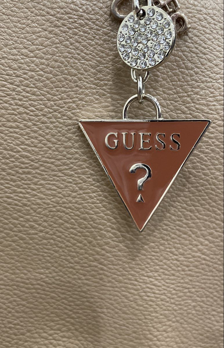 Guess Tan Beige Cream Colorblock Satchel Tote Bag Crossbody Strap Logo Charm