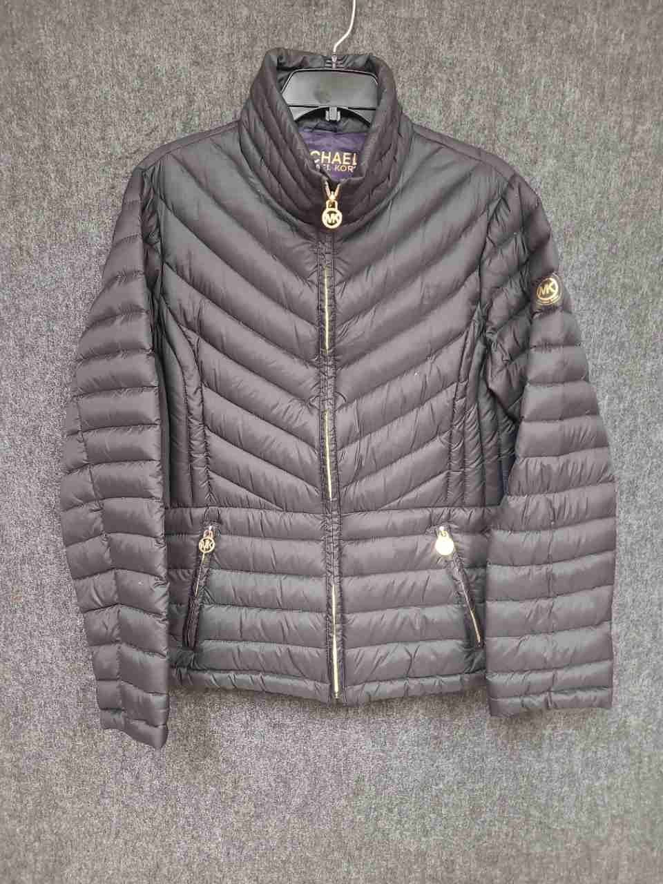 Michael Kors Women's Black Packable Down Puffer Jacket Gold Hardware Logo Sz L