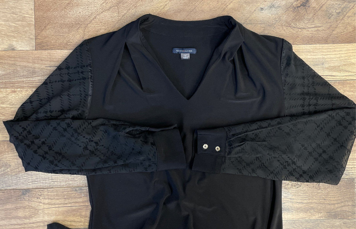 Tommy Hilfiger Women's Black V-Neck Dress Semi Sheer Geometric Sleeves Sz 8